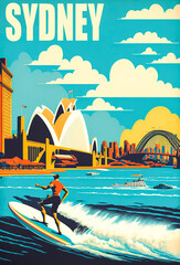 Fototapeta premium Vintage poster of 1950s Sydney with a surfer silhouette, Opera House, and Harbour Bridge. Bright blue sky with white clouds, vivid colors and flat design. Generative AI