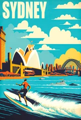 Poster Vintage poster of 1950s Sydney with a surfer silhouette, Opera House, and Harbour Bridge. Bright blue sky with white clouds, vivid colors and flat design. Generative AI © XaMaps