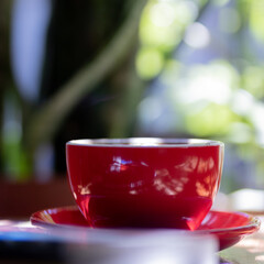 Moccha served in red cup next to window with plants. In front of a faded book