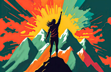 A woman standing triumphantly on top of a mountain, with uplifting colors depicting the sense of accomplishment and growth after a difficult breakup. Generative AI