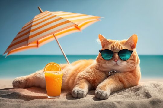 Cat wearing sunglasses on the beach. Generative AI