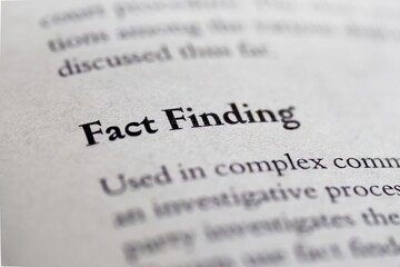 legal or law book with Fact Finding regarding investigations focused in closeup of explanation