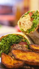 Wrap Burrito Shawarma served with french fries on dark plate. Blur background