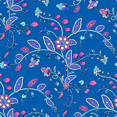 Tribal seamless floral pattern. Chain of flowers and leaves.Texture Indian motifs on a blue background. Template for textile, paper, wallpaper.