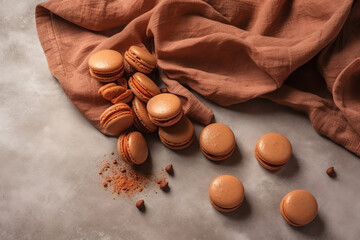Top view, mockup brown fabric, Macarons brown cookies, put on a white silk clean background. AI Generated.