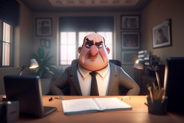 Frustrated Boss Behind Desk Cartoon Illustration, Generative AI