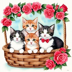 Cute kittens in gift basket,