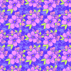 seamless pattern of pink silhouettes and blue contours of flowers on a blue background, texture, design