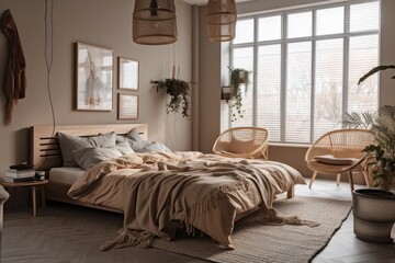 Fototapeta na wymiar Modern room with comfy bed. Generative AI