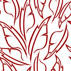 red graphic drawing of stylized feathers on a white background, texture, design