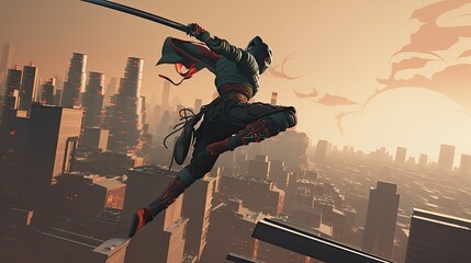A cyborg ninja jumping over the cityscape with his katana in hand, ready to fight, generative ai