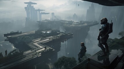A group of cyber-soldiers standing on a floating platform overlooking the vast city, ready for battle, generative ai