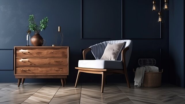Commode with chair and decor in living room interior, dark blue wall mock up background, generative ai