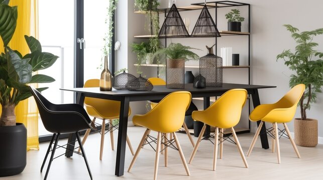 Dining table, black chairs, yellow poster, plants and firewood log rack in a modern dining room interior,  generative ai