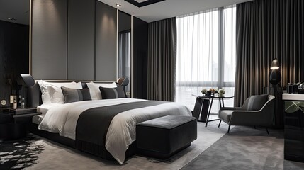 high floor black hotel executive bedroom, generative ai