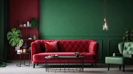 Home interior with red sofa, table and decor in green living room, generative ai