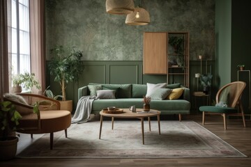 Beautiful living room with wallpaper, carpet, and fabric couch in green and beige. Classic minimalism,. Generative AI