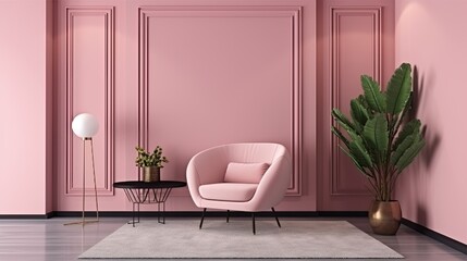 interior design for living area or reception with grey carpet , armchair, plant, cabinet on wood floor and pink background, generative ai