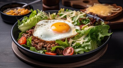 Keto breakfast with fried egg, bacon, cheese, ground beef and salad, generative ai