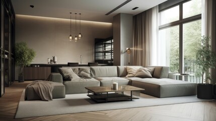 Modern living room with sofa and furniture, generative ai