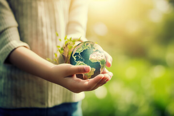 Earth holding in human hands. Planet Earth day, green forest background
