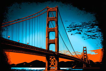 San Francisco's iconic Golden Gate Bridge with orange and blue colors to create a dramatic effect. Ideal for showing the iconic role of the bridge in the urban landscape. Generative AI