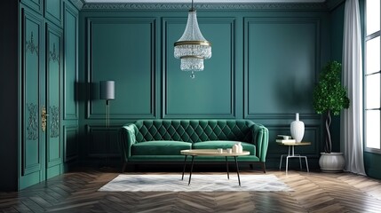 Modern Vintage interior of living room, Blueprint home decor concept ,green couch with marble table on blue wall and Hardwood Flooring, generative ai