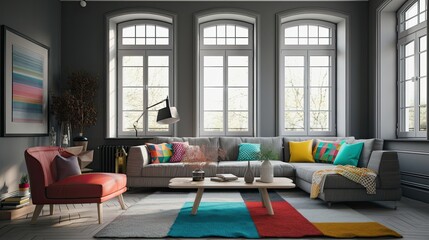 New design grey living room with colorful details and window, generative ai