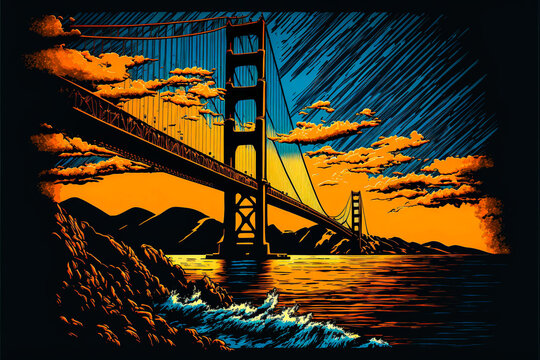 Iconic Golden Gate Bridge in San Francisco with contrasting orange and blue colors. Use this image to show the iconic status of the Golden Gate Bridge. Generative AI