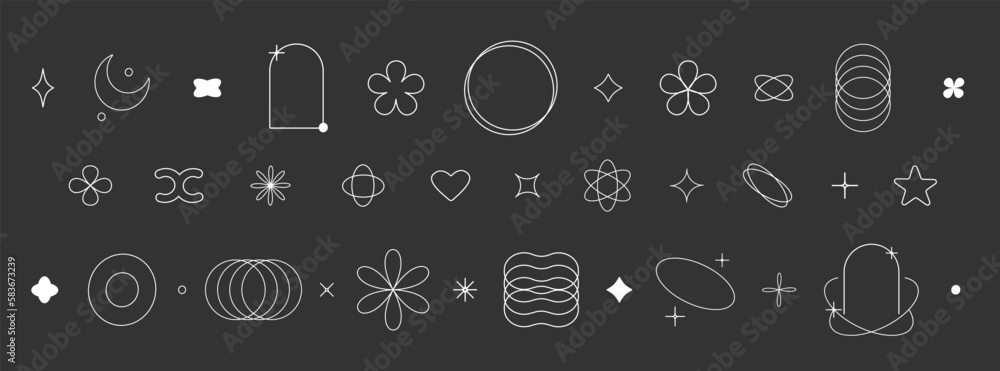 Poster aesthetic y2k geometric shapes on a black background. simple trendy geometry shapes. retro line art 