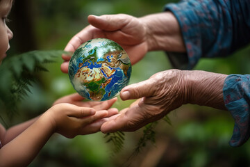 Senior hands giving small planet earth to a child over green forest background, Earth Day concept