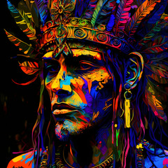 Neon-colored shaman with head ornaments