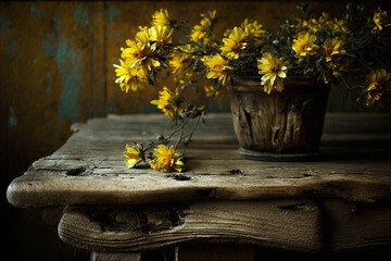 yellow flowers on a crooked wooden table    