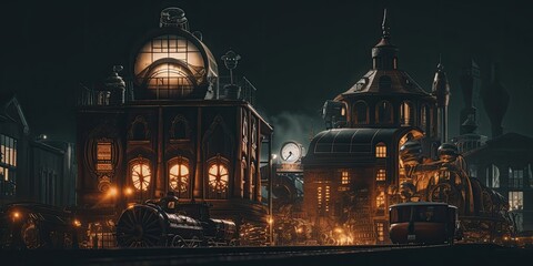 Obraz premium Steampunk industrial cityscape background, background landscape, transportation building, ai