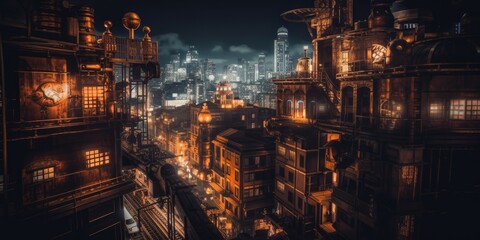 Steampunk industrial cityscape background, background landscape, downtown, ai