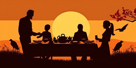 Thanksgiving day dinner with a family, silhouette illustration image, AI