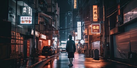 Cyberpunk city alley with figure in the rain, neon lights and signs, illustration, AI