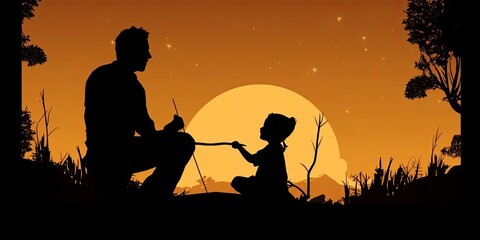 Father and daughter on fathers day walking, silhouette illustration image, AI