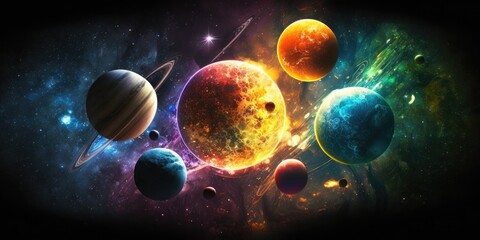 Obraz na płótnie Canvas Planets in space, colorful planets floating through space, with stars and gasses, AI