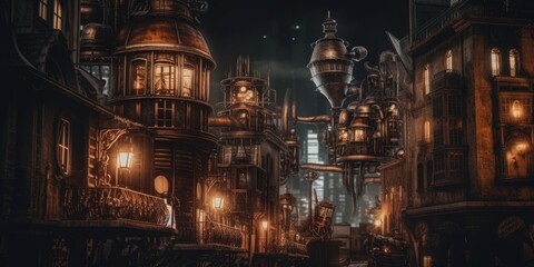 Fototapeta na wymiar Steampunk cityscape, factories and gothic style, ai