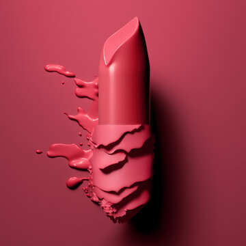 Artistic close-up of lipstick chunks on magenta. Creative beauty and makeup concept. Generative ai