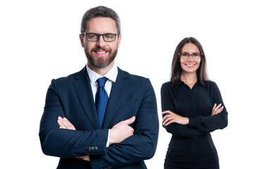 glad business colleagues isolated on white background. business colleagues in studio.