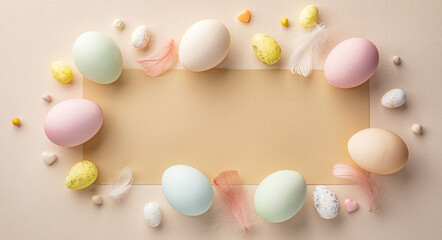 Easter eggs on a beige background with a blank copy space for Easter