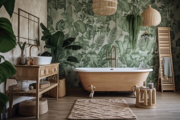 White and green bohemian wooden bathroom and bedroom. Bathtub, bed, towel rack, potted plants. Tropical wallpaper. Rustic interior design,. Generative AI