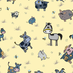 Adorable animal illustration seamless vector pattern on pale yellow background. Funny hand-drawn farm characters piggies, cows, sheep, and horses are perfect for nursery room wallpaper and apparel.