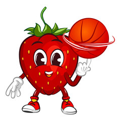 vector illustration of the mascot character of a strawberry playing basketball