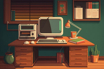 a computer sitting on top of a wooden desk, office background, cartoon, retro, ai art illustration 