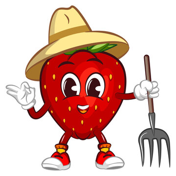 vector illustration of the mascot character of a strawberry farmer carrying a rake