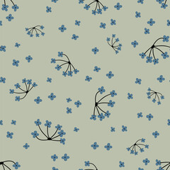 Sage green seamless vector pattern with navy blue ditsy flowers. The small and simple floral pattern is adorable and sweet. The modest abstract design with tiny wildflowers is minimal and cute.