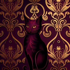 Cat pattern on a tiled background with gold and burgundy highlights, Generative AI